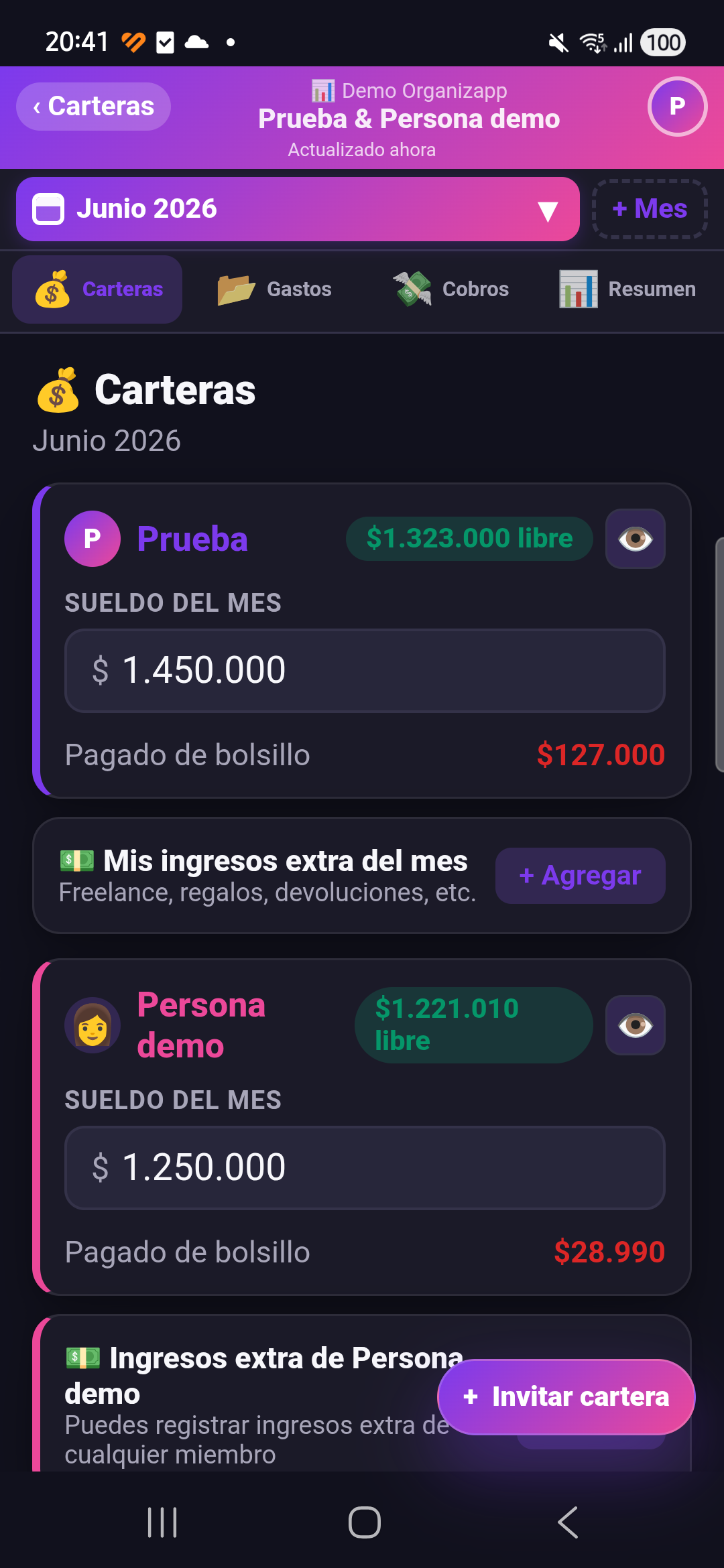 Carteras personales y compartidas en MiOrganizapp