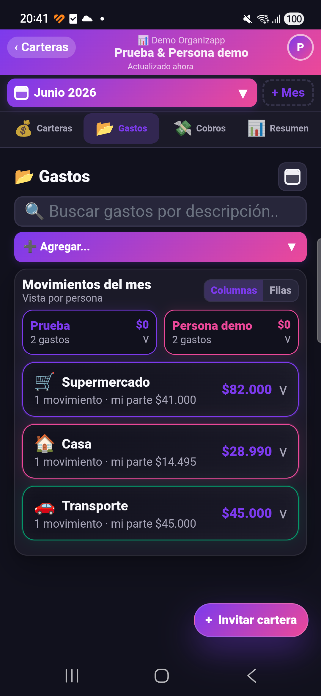 Registro de gastos en MiOrganizapp