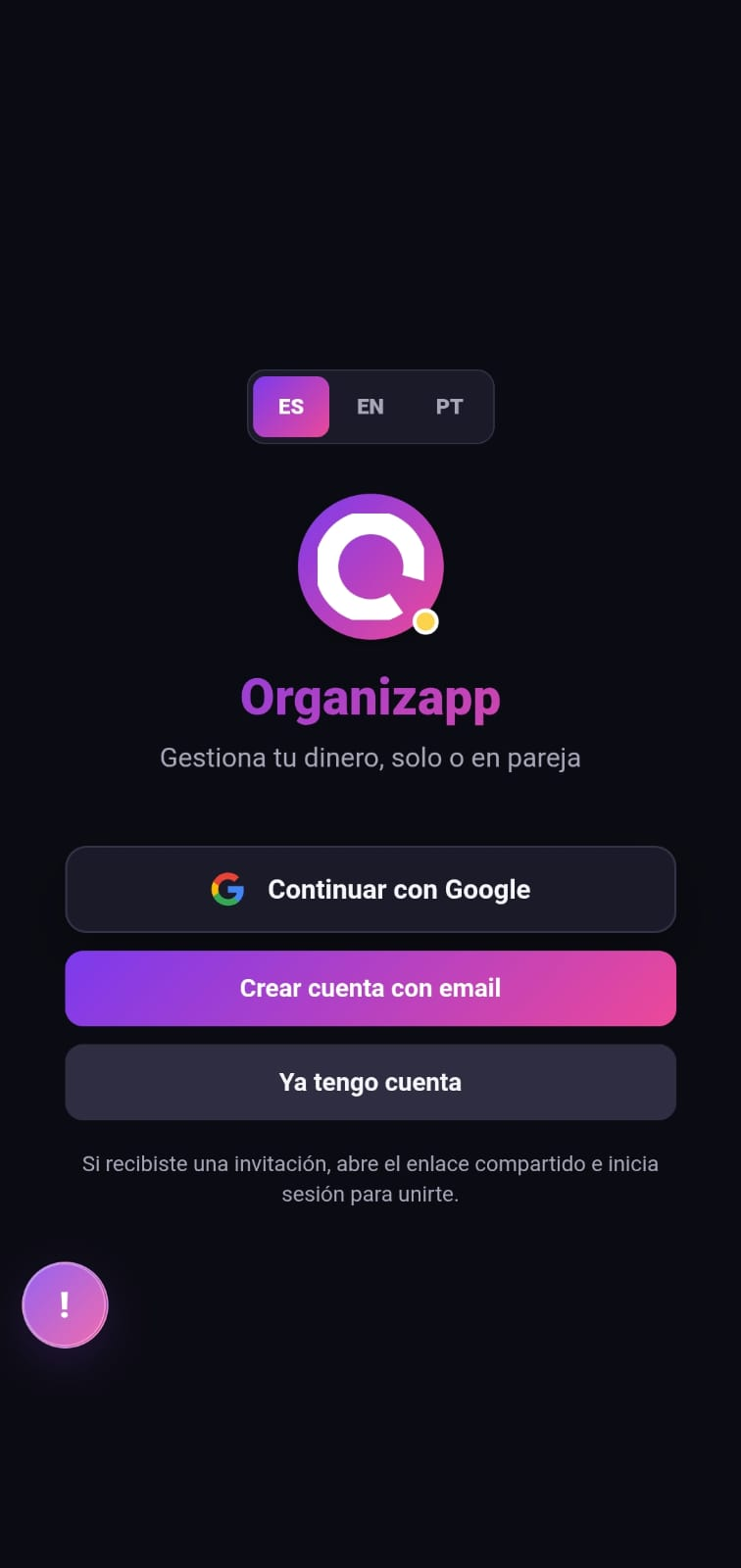 Pantalla de inicio de sesion de MiOrganizapp con las opciones de idioma y acceso