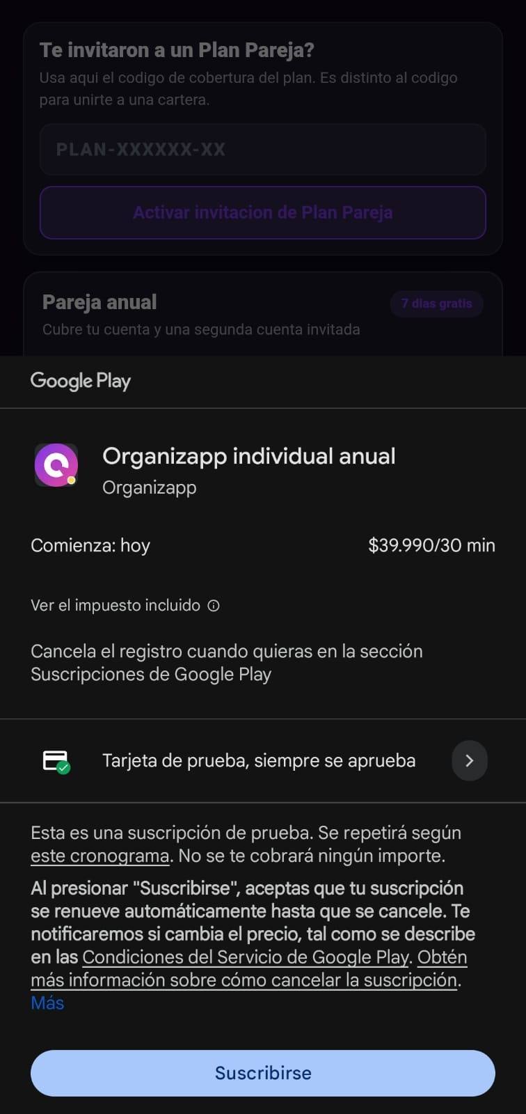 Confirmacion de Google Play para el plan individual anual de prueba