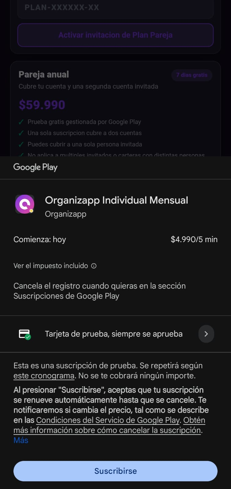 Confirmacion de Google Play para el plan individual mensual de prueba