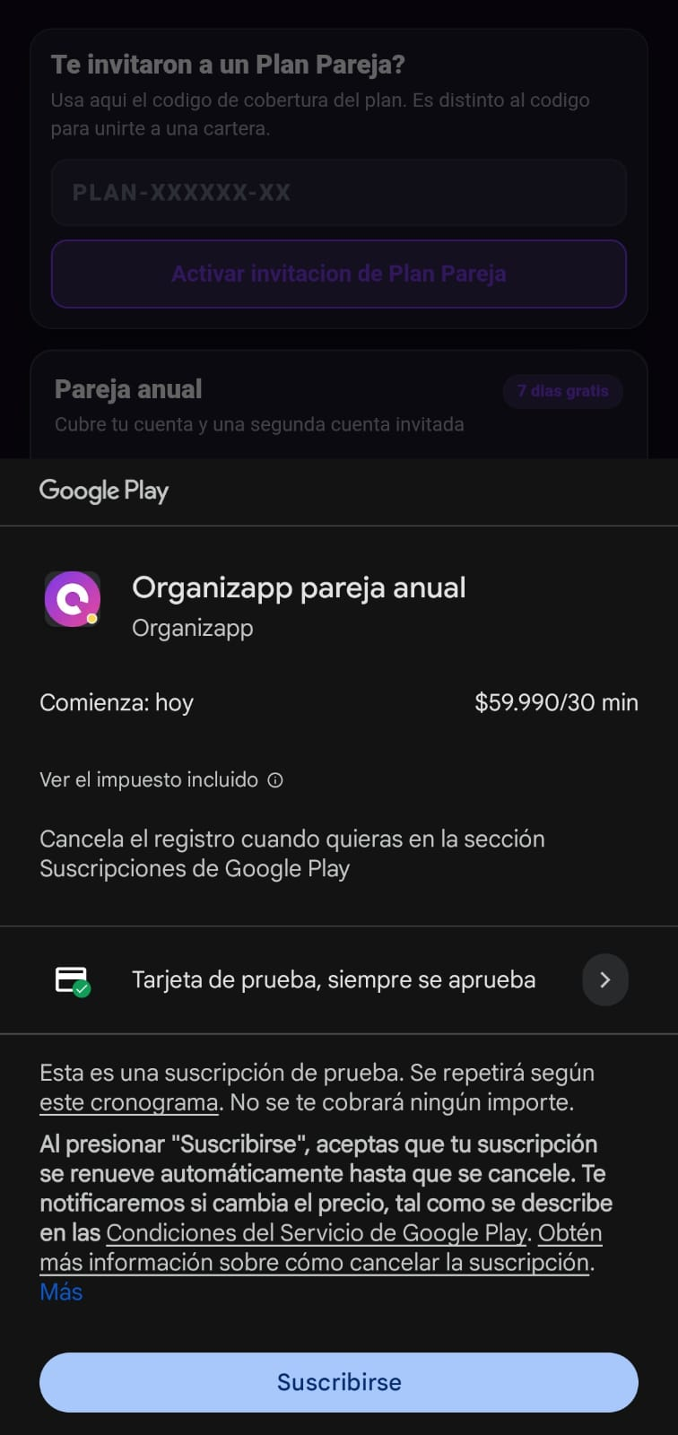 Confirmacion de Google Play para el plan pareja anual de prueba